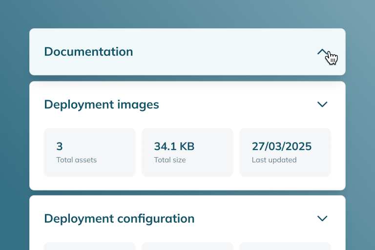 Dashboard showing stored software and deployment guides.