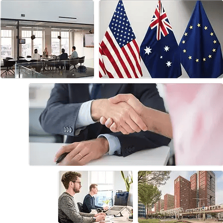 Collage of images featuring a meeting room, flags, handshaking, an office, and a building