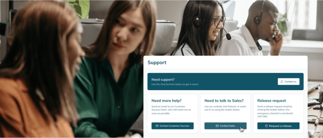 A customer service team of four people working in an office, with a 'Support' UI snippet in the lower-right foreground.