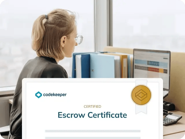 A woman using a laptop with an 'Certified - Escrow Certificate' UI snippet displayed in the foreground.