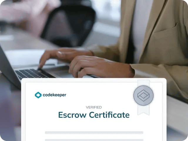 "A woman using a laptop with an 'Verified - Escrow Certificate' UI snippet displayed in the foreground."