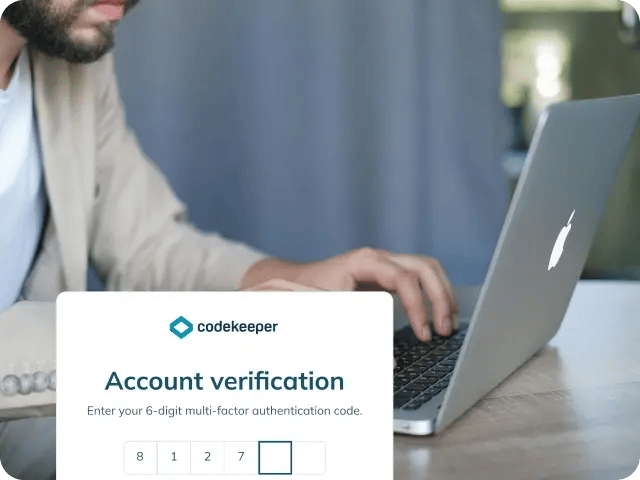 A man using a laptop with an 'Account verification' UI snippet displayed in the foreground.