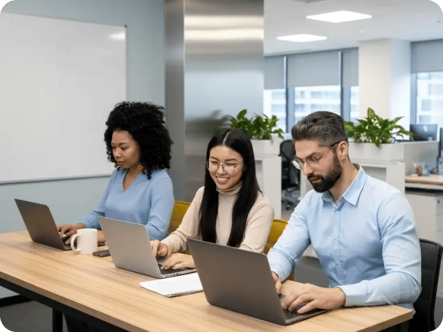 Three professionals working diligently at a shared office table with laptops and documents.