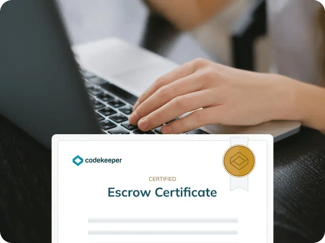 "A woman using a laptop with an 'Certified - Escrow Certificate' UI snippet displayed in the foreground."