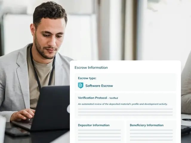 A man using a laptop with a UI snippet of an 'Escrow Information' screen overlaid in the corner.