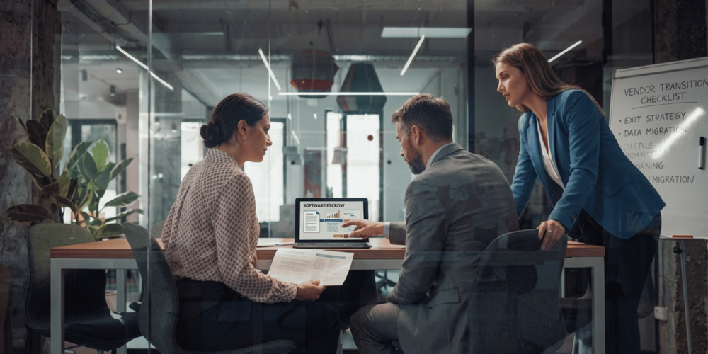 Colleagues discussing their software vendor exit plan