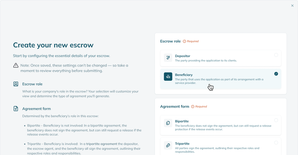 Choosing your role and the agreement structure in the Codekeeper app