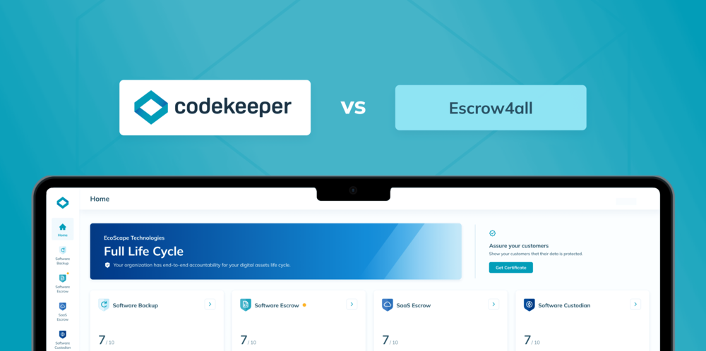 Snapshot of the Codekeeper App, with the text "Codekeeper vs. Escrow4all" hovering above it.