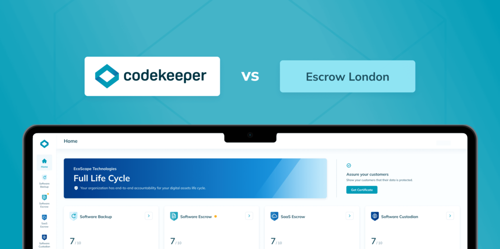 Snapshot of the Codekeeper app, with the text "Codekeeper vs. Escrow London" hovering above it.